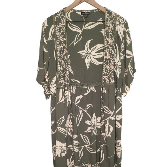 Angie Floral Green Tie Front Short Sleeve Kimono Cardigan Cover Up Tropical 1X - Picture 1 of 8